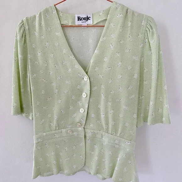 Rouje Light Green Floral Blouse Size 38 - Picture 7 of 8